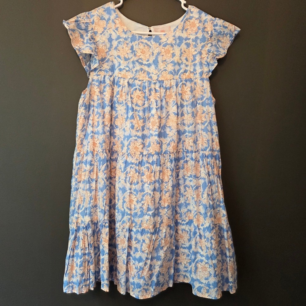Lovecolette Blue Peach‎ Floral Tiered Flutter Sleeve Cotton Babydoll Dress M